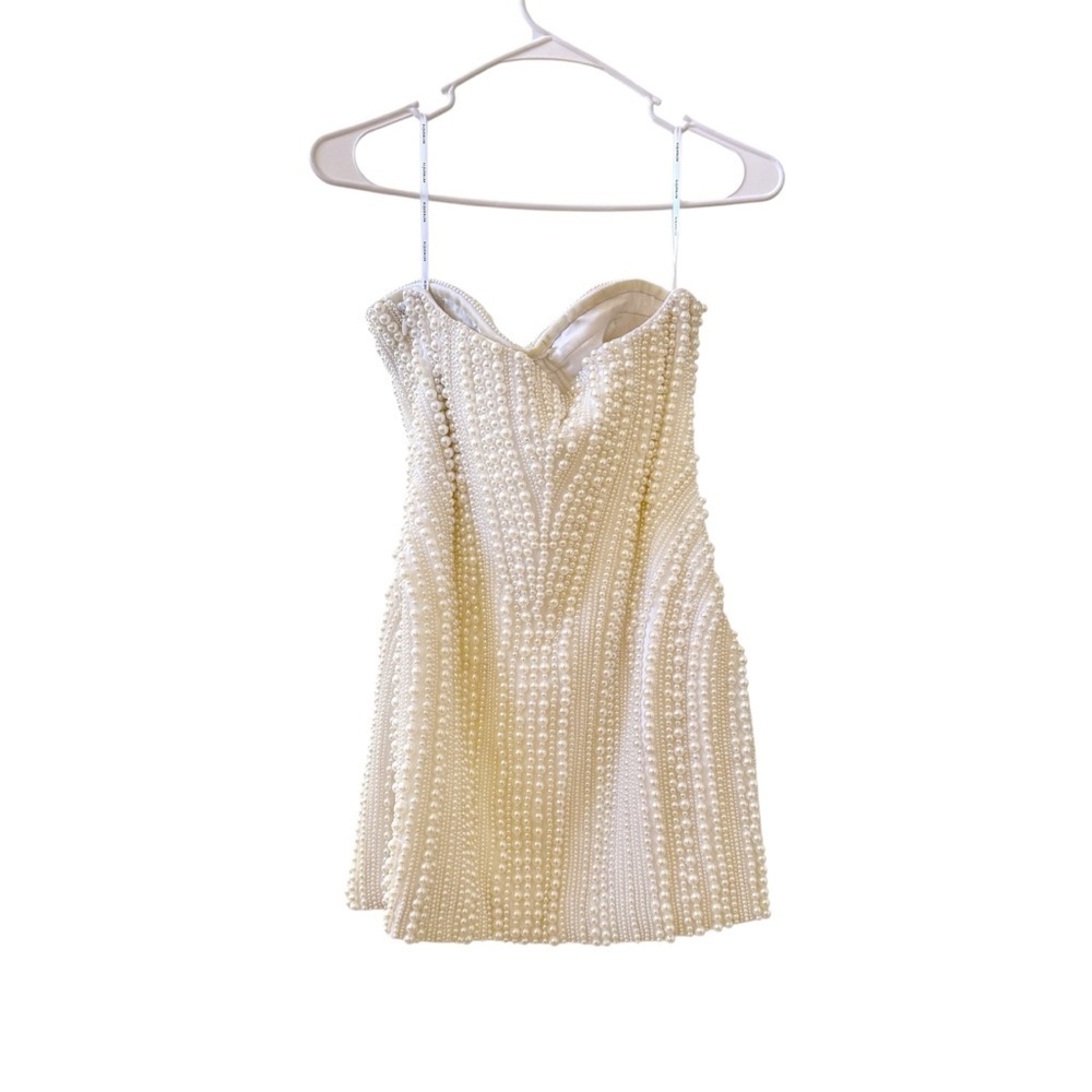 🆕 RETROFETE Deema Pearl Embellished Strapless Crepe Mini Dress Ivory Sz S - Picture 4 of 12